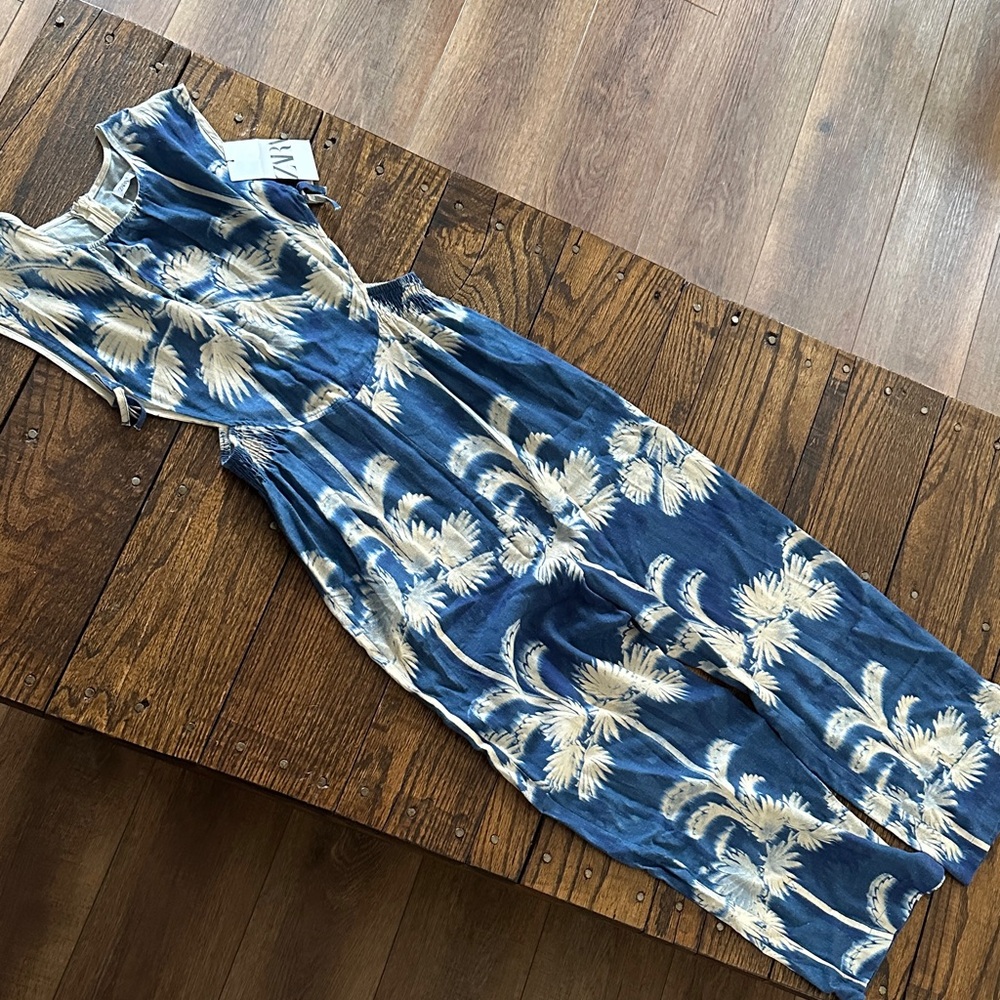 Zara Blue and Cream palm print girls Jumpsuit